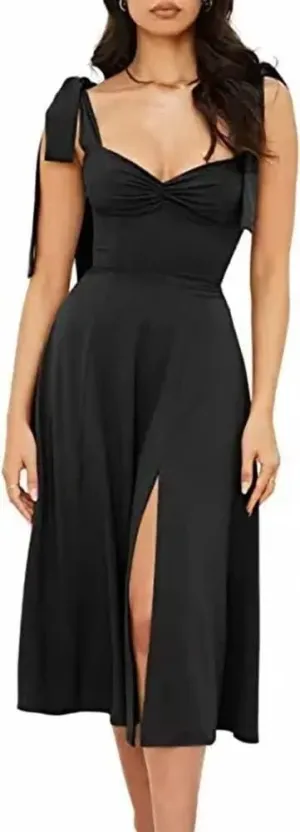 Womens Shoulder Tie Strap Dress Sleeveless Strappy Slip Dress Slit Corset Dress Swing A-line Midi Party Cocktail Dress
