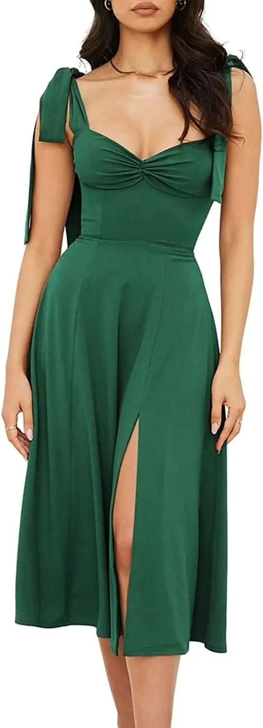 Womens Shoulder Tie Strap Dress Sleeveless Strappy Slip Dress Slit Corset Dress Swing A-line Midi Party Cocktail Dress