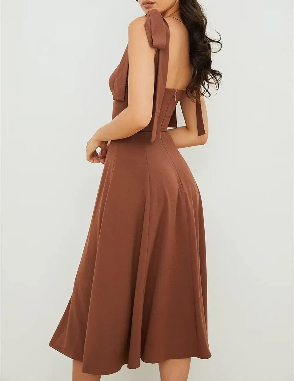 Womens Shoulder Tie Strap Dress Sleeveless Strappy Slip Dress Slit Corset Dress Swing A-line Midi Party Cocktail Dress