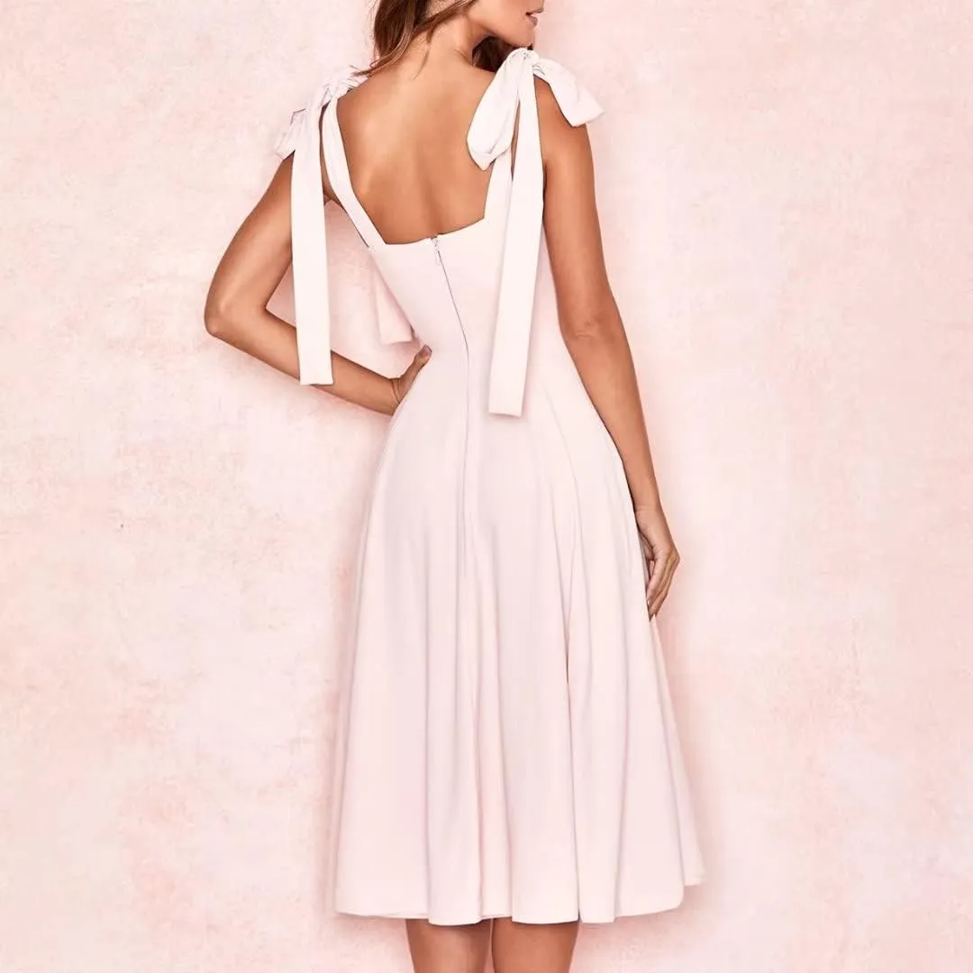 Womens Shoulder Tie Strap Dress Sleeveless Strappy Slip Dress Slit Corset Dress Swing A-line Midi Party Cocktail Dress