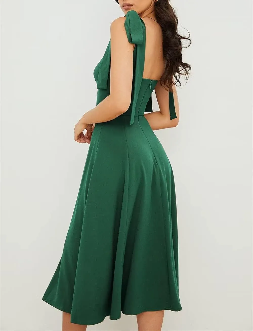 Womens Shoulder Tie Strap Dress Sleeveless Strappy Slip Dress Slit Corset Dress Swing A-line Midi Party Cocktail Dress