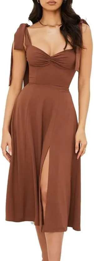 Womens Shoulder Tie Strap Dress Sleeveless Strappy Slip Dress Slit Corset Dress Swing A-line Midi Party Cocktail Dress