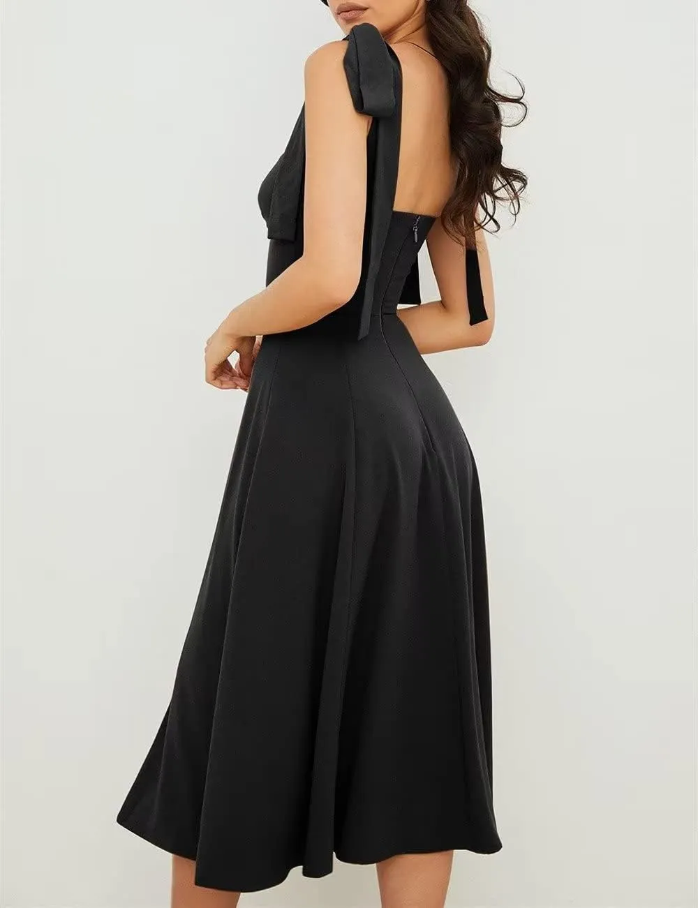 Womens Shoulder Tie Strap Dress Sleeveless Strappy Slip Dress Slit Corset Dress Swing A-line Midi Party Cocktail Dress