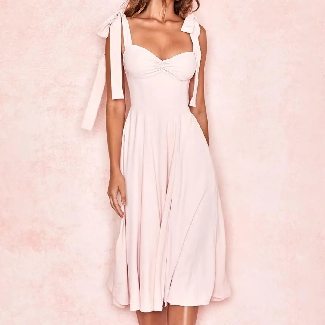 Womens Shoulder Tie Strap Dress Sleeveless Strappy Slip Dress Slit Corset Dress Swing A-line Midi Party Cocktail Dress