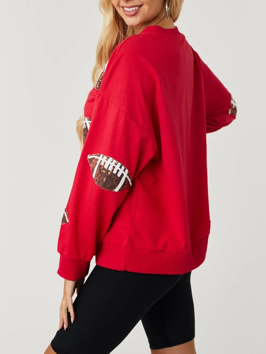 Womens Sparkle Football Sequin Rugby Sweatshirt Game Day Y2K Crewneck Oversized Shirt Long Sleeve Fleece Pullover