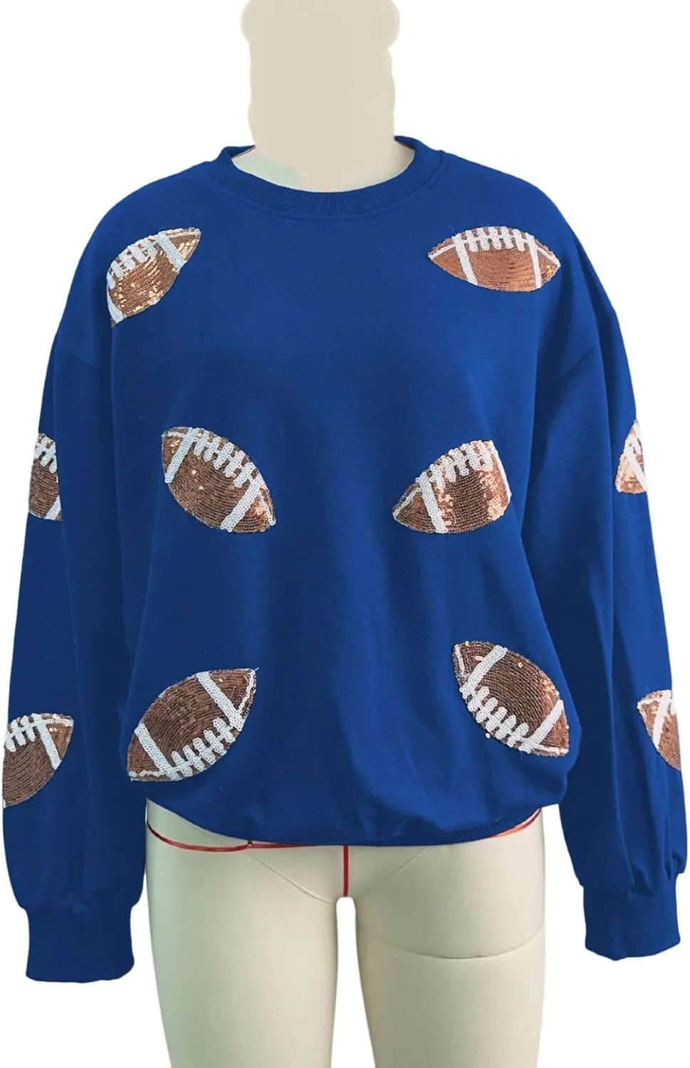 Womens Sparkle Football Sequin Rugby Sweatshirt Game Day Y2K Crewneck Oversized Shirt Long Sleeve Fleece Pullover