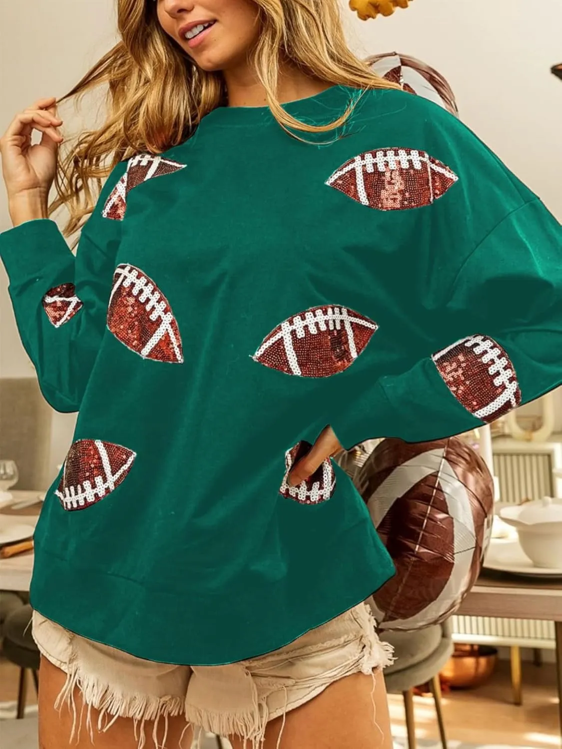 Womens Sparkle Football Sequin Rugby Sweatshirt Game Day Y2K Crewneck Oversized Shirt Long Sleeve Fleece Pullover