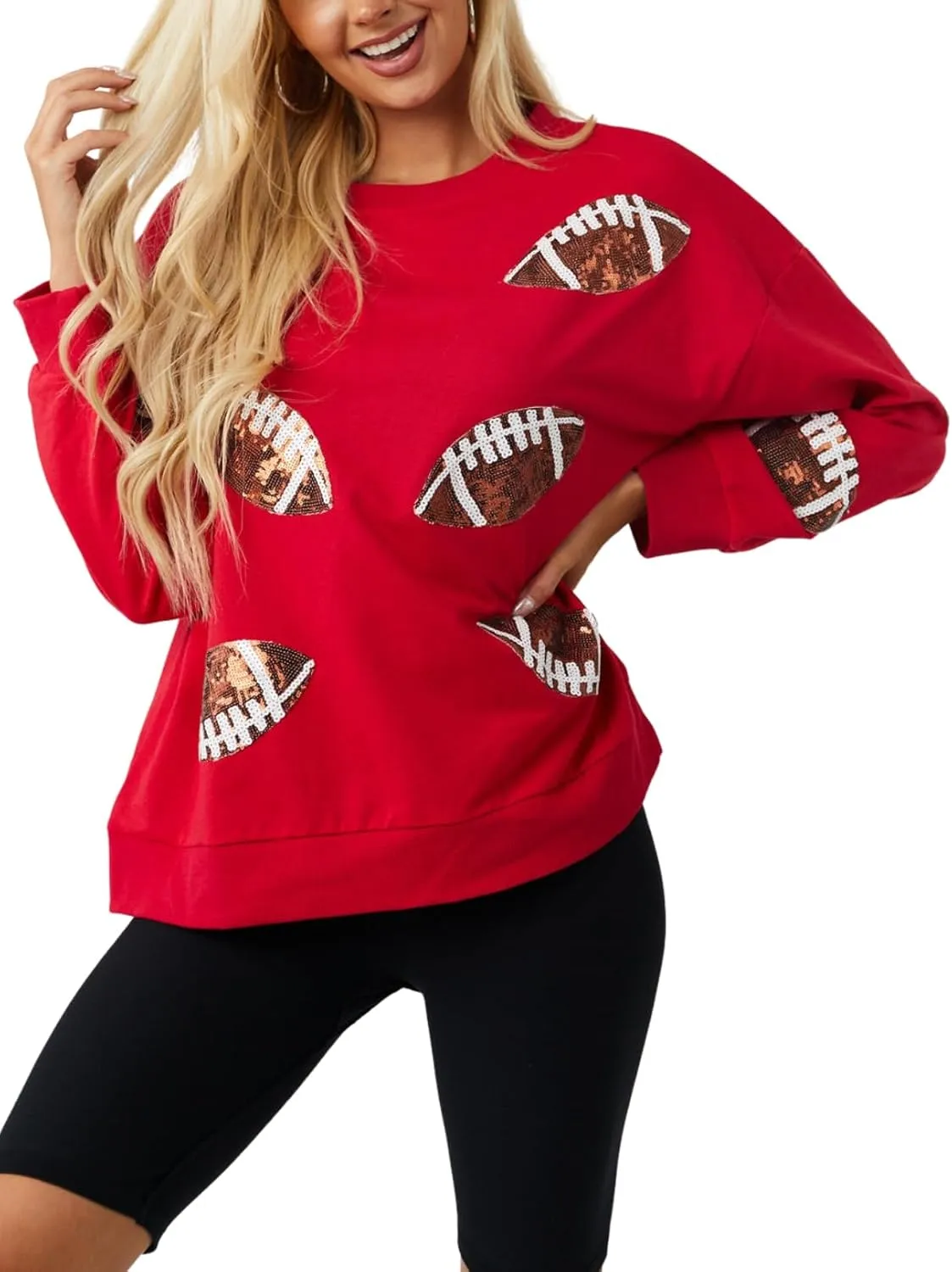 Womens Sparkle Football Sequin Rugby Sweatshirt Game Day Y2K Crewneck Oversized Shirt Long Sleeve Fleece Pullover