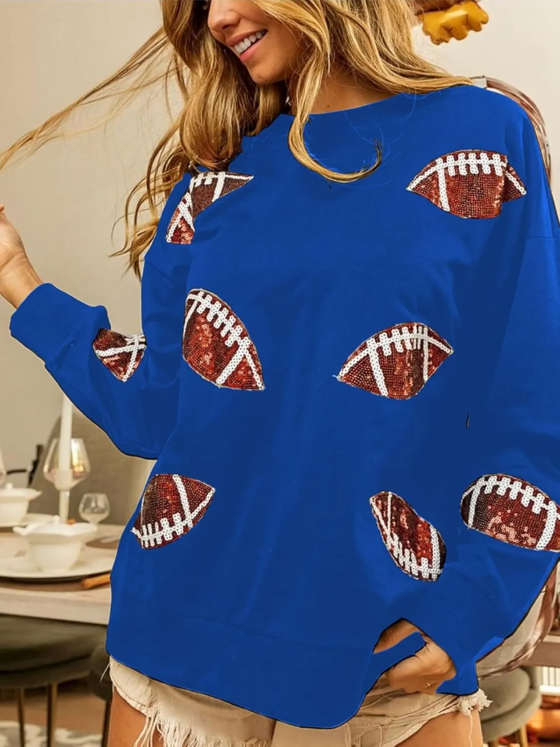 Womens Sparkle Football Sequin Rugby Sweatshirt Game Day Y2K Crewneck Oversized Shirt Long Sleeve Fleece Pullover