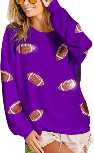 Womens Sparkle Football Sequin Rugby Sweatshirt Game Day Y2K Crewneck Oversized Shirt Long Sleeve Fleece Pullover