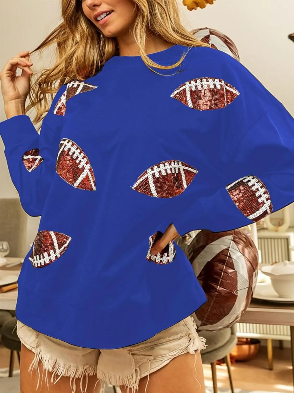 Womens Sparkle Football Sequin Rugby Sweatshirt Game Day Y2K Crewneck Oversized Shirt Long Sleeve Fleece Pullover