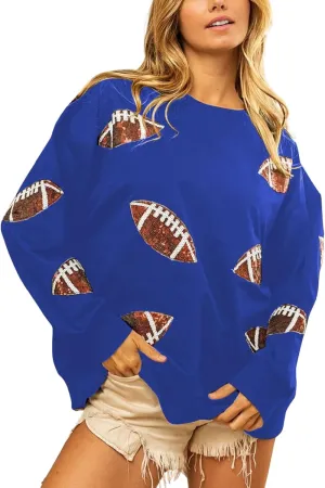 Womens Sparkle Football Sequin Rugby Sweatshirt Game Day Y2K Crewneck Oversized Shirt Long Sleeve Fleece Pullover