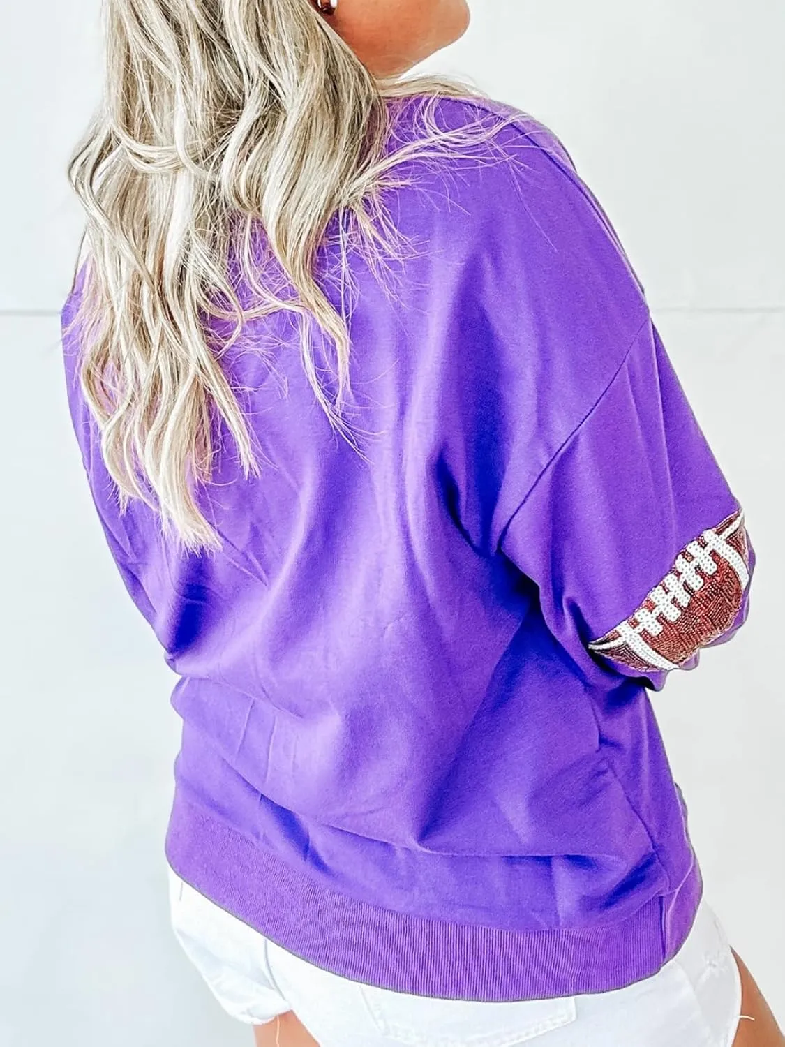 Womens Sparkle Football Sequin Rugby Sweatshirt Game Day Y2K Crewneck Oversized Shirt Long Sleeve Fleece Pullover