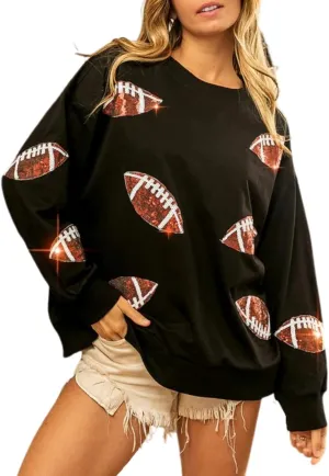 Womens Sparkle Football Sequin Rugby Sweatshirt Game Day Y2K Crewneck Oversized Shirt Long Sleeve Fleece Pullover