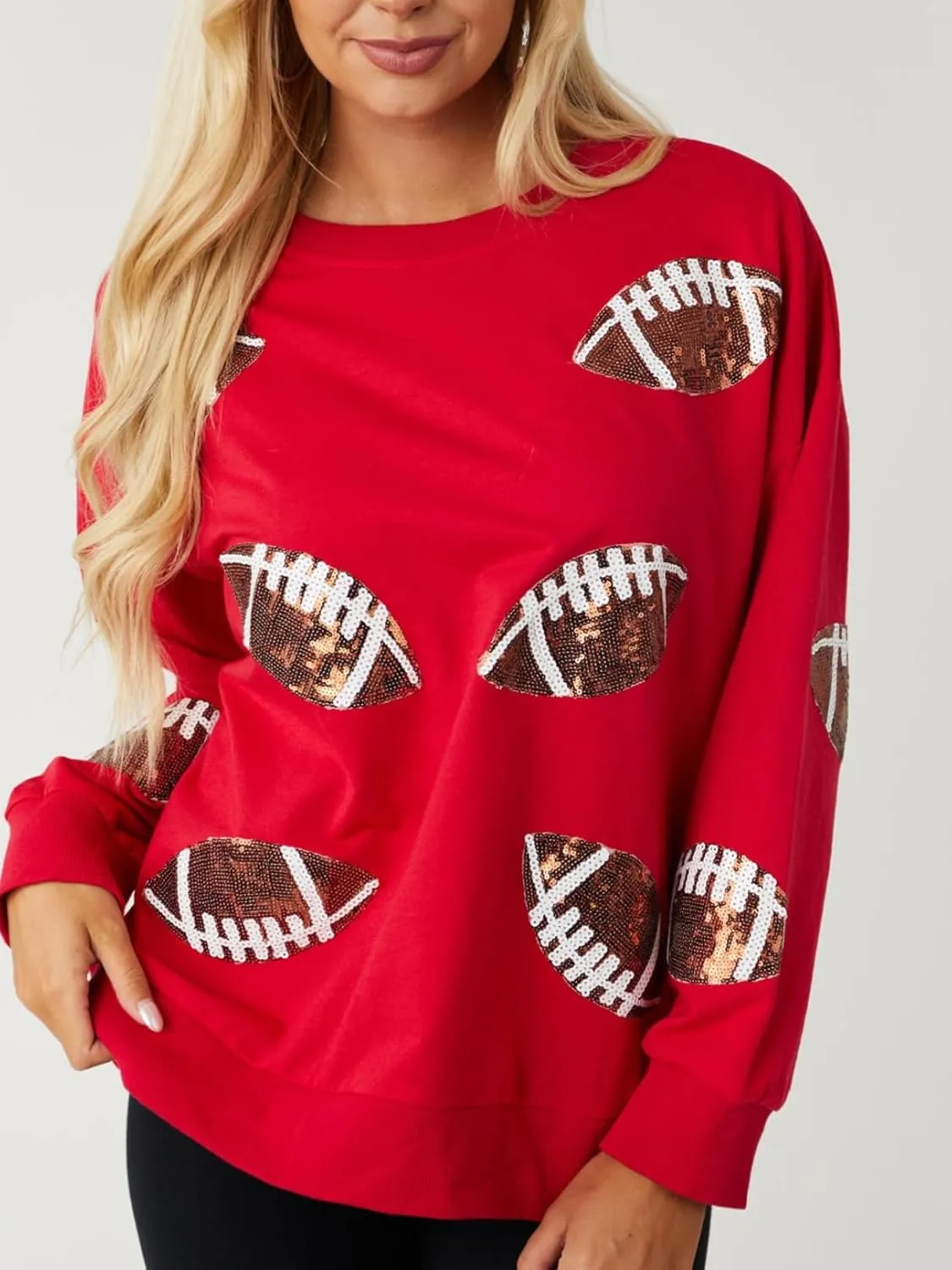 Womens Sparkle Football Sequin Rugby Sweatshirt Game Day Y2K Crewneck Oversized Shirt Long Sleeve Fleece Pullover
