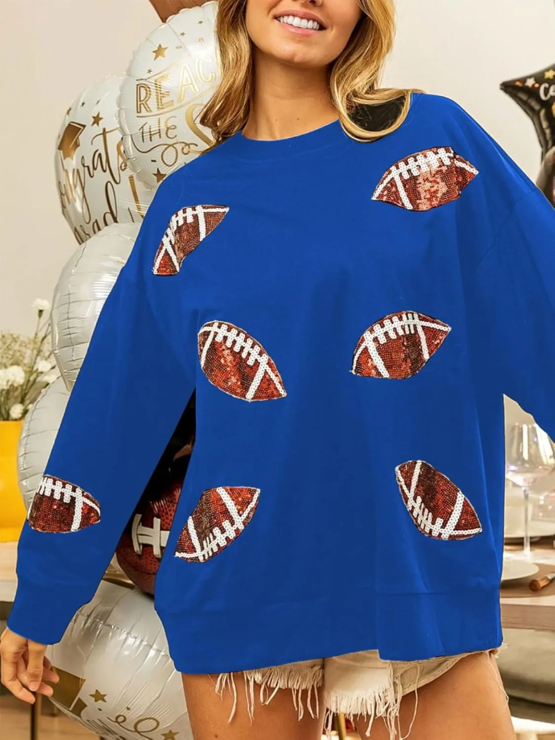 Womens Sparkle Football Sequin Rugby Sweatshirt Game Day Y2K Crewneck Oversized Shirt Long Sleeve Fleece Pullover