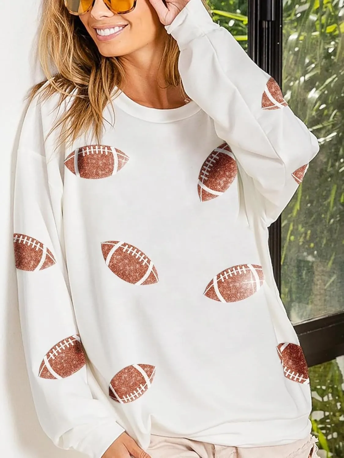 Womens Sparkle Football Sequin Rugby Sweatshirt Game Day Y2K Crewneck Oversized Shirt Long Sleeve Fleece Pullover