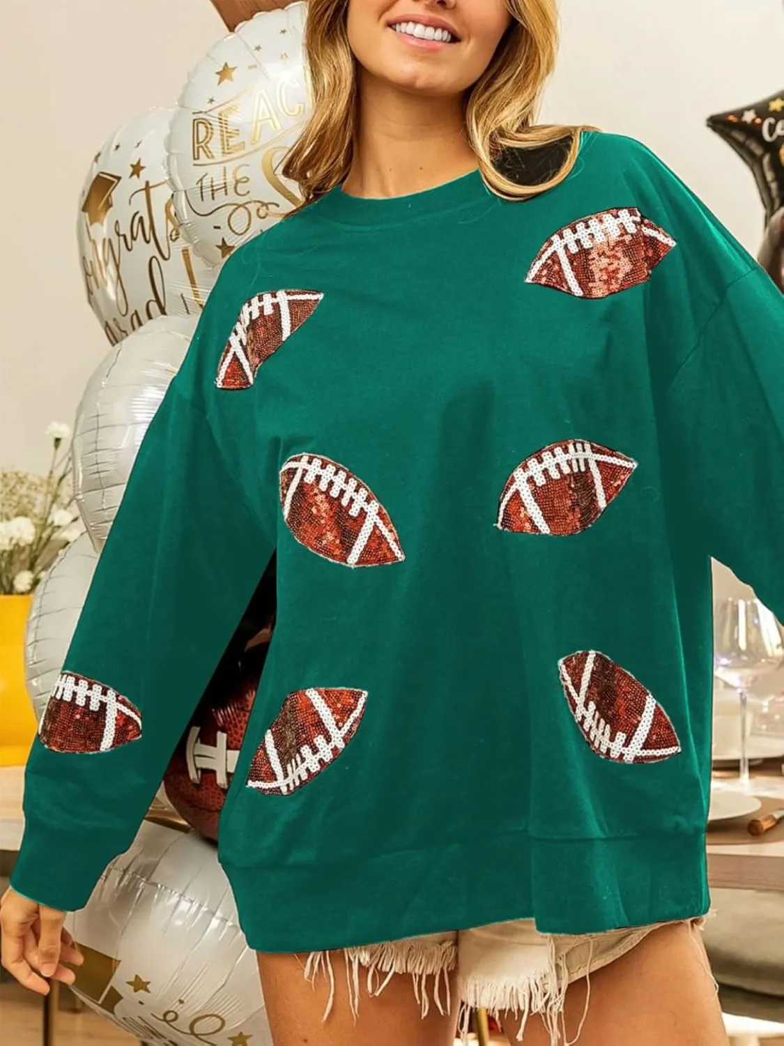 Womens Sparkle Football Sequin Rugby Sweatshirt Game Day Y2K Crewneck Oversized Shirt Long Sleeve Fleece Pullover