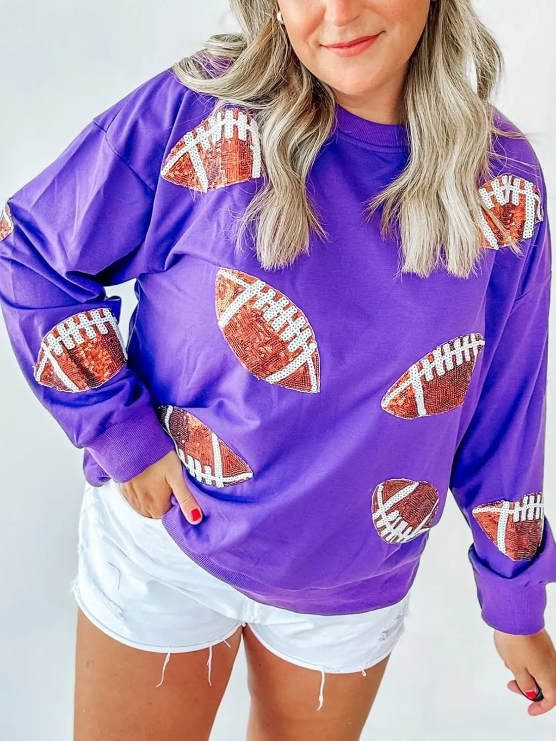 Womens Sparkle Football Sequin Rugby Sweatshirt Game Day Y2K Crewneck Oversized Shirt Long Sleeve Fleece Pullover