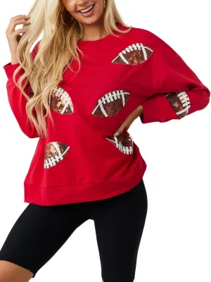 Womens Sparkle Football Sequin Rugby Sweatshirt Game Day Y2K Crewneck Oversized Shirt Long Sleeve Fleece Pullover