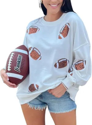 Womens Sparkle Football Sequin Rugby Sweatshirt Game Day Y2K Crewneck Oversized Shirt Long Sleeve Fleece Pullover