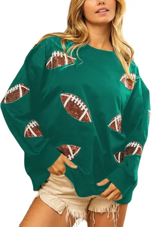 Womens Sparkle Football Sequin Rugby Sweatshirt Game Day Y2K Crewneck Oversized Shirt Long Sleeve Fleece Pullover