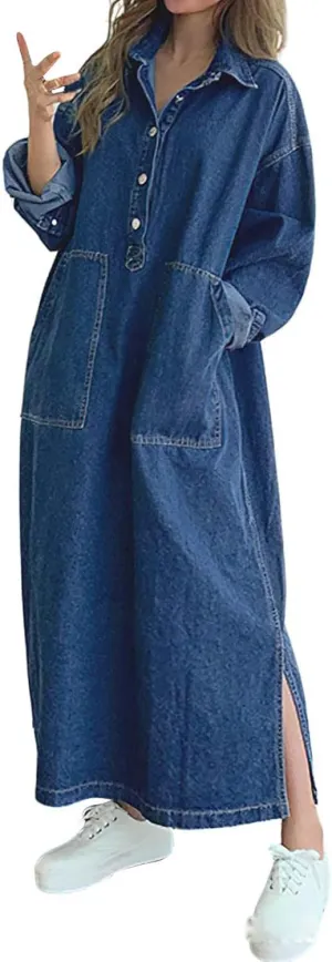 Womens Spring Fall Long Sleeve Denim Maxi Shirt Dress with Split