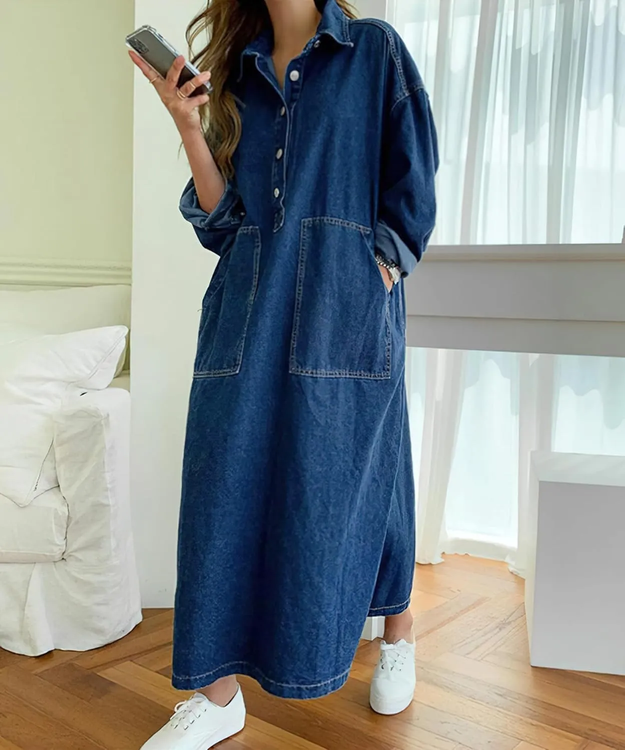Womens Spring Fall Long Sleeve Denim Maxi Shirt Dress with Split
