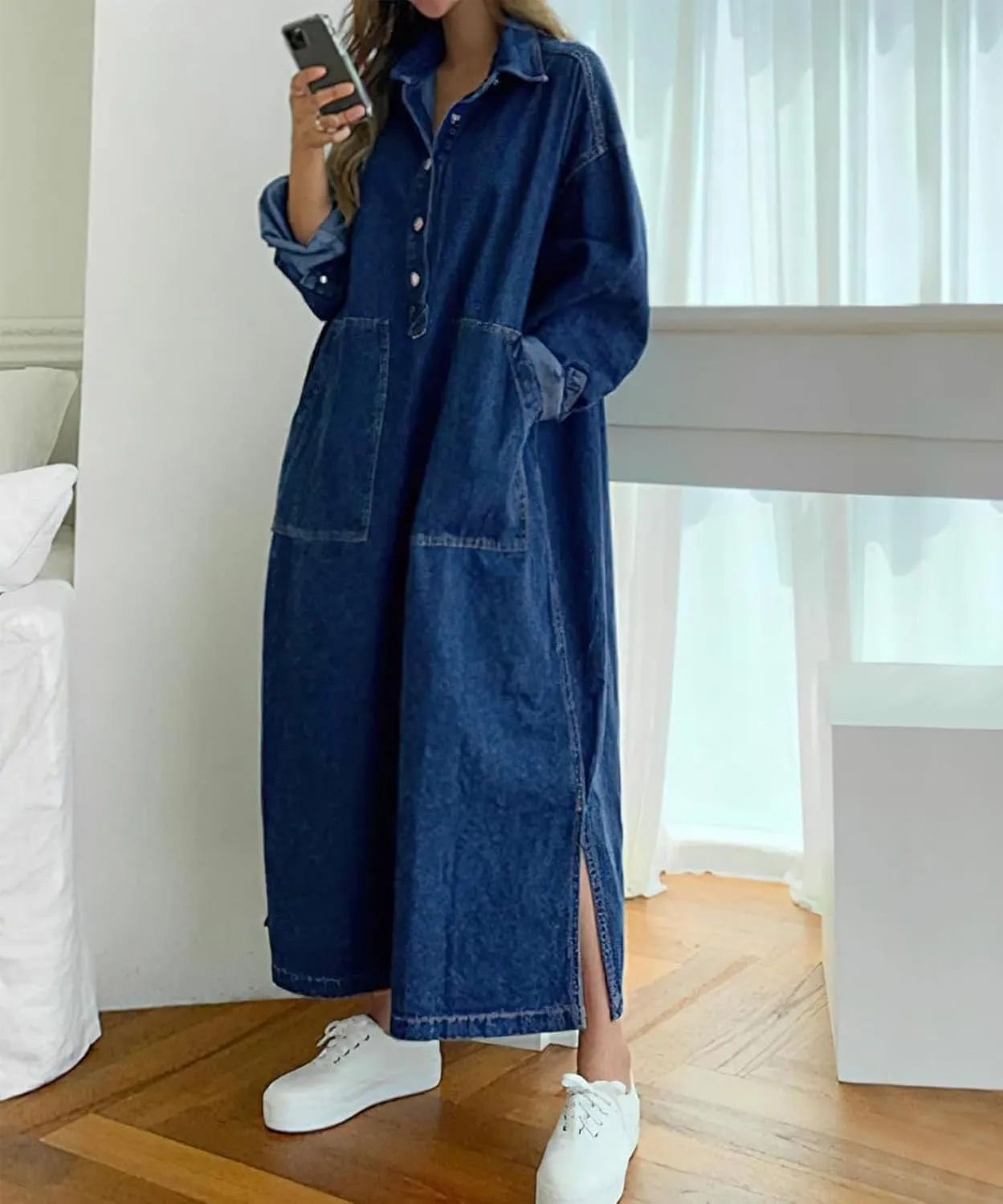 Womens Spring Fall Long Sleeve Denim Maxi Shirt Dress with Split