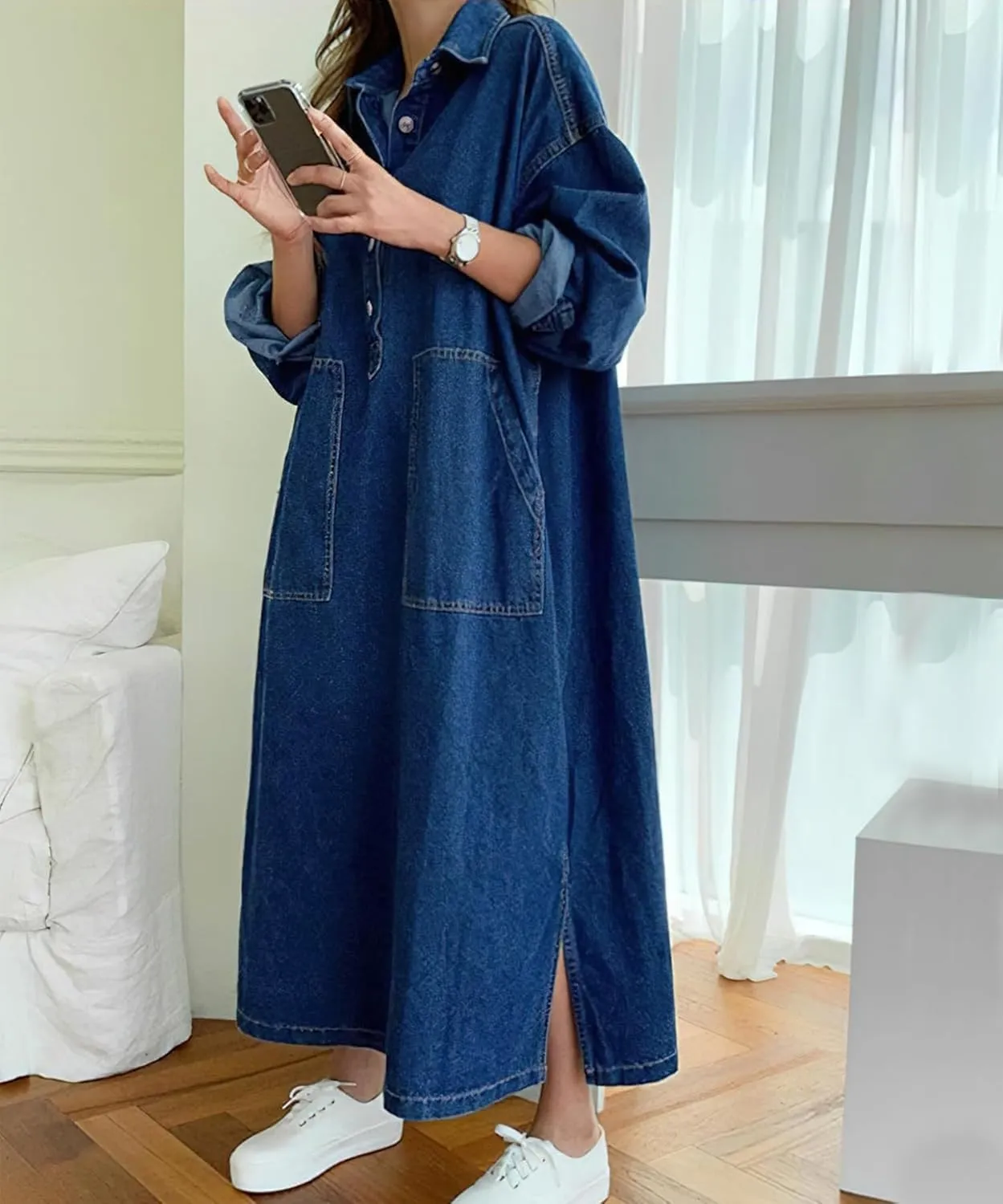 Womens Spring Fall Long Sleeve Denim Maxi Shirt Dress with Split