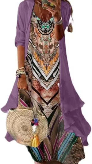 Women's Spring Floral Print Wedding Guest Dress with Chiffon Cardigan Elegant Flowing Maxi Dress