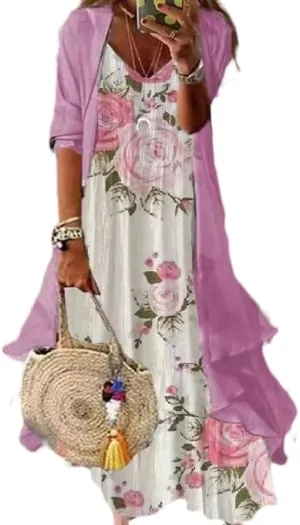 Women's Spring Floral Print Wedding Guest Dress with Chiffon Cardigan Elegant Flowing Maxi Dress