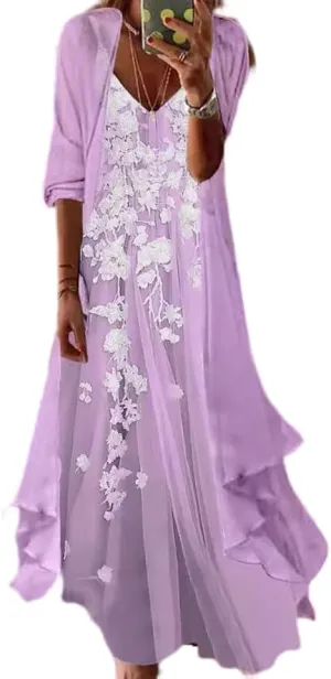 Women's Spring Floral Print Wedding Guest Dress with Chiffon Cardigan Elegant Flowing Maxi Dress