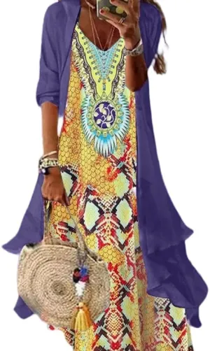 Women's Spring Floral Print Wedding Guest Dress with Chiffon Cardigan Elegant Flowing Maxi Dress