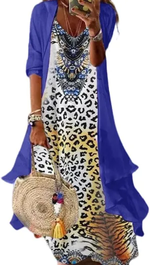 Women's Spring Floral Print Wedding Guest Dress with Chiffon Cardigan Elegant Flowing Maxi Dress