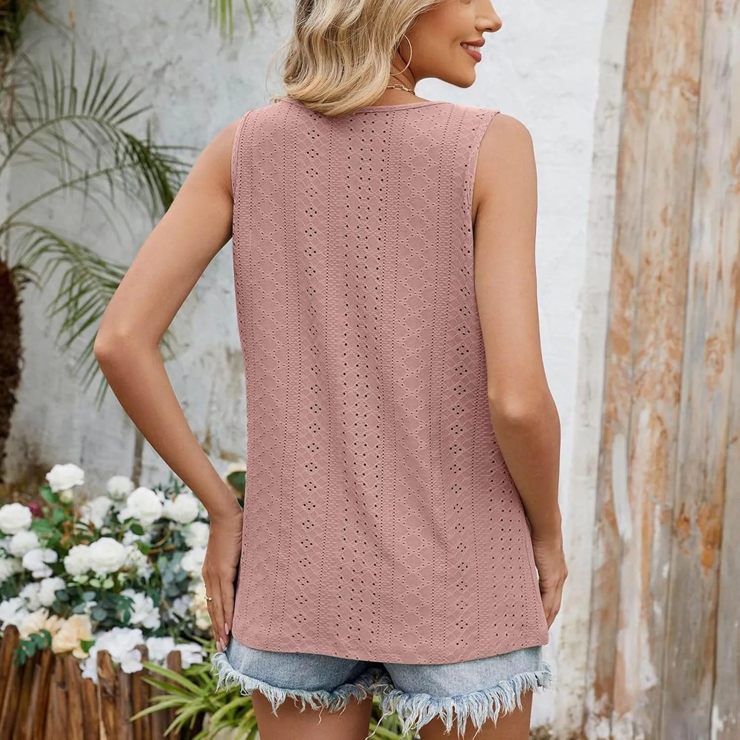Womens Summer Casual Tank Tops Sleeveless Crew Neck Fashion Eyelet Embroidered Cami Top Trendy Solid Color Tank Shirt