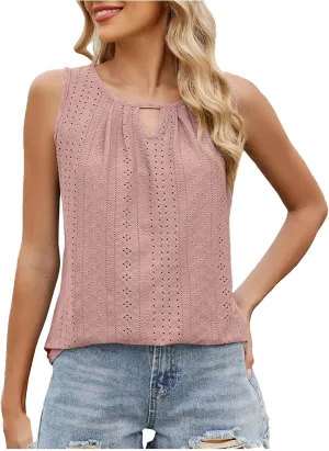 Womens Summer Casual Tank Tops Sleeveless Crew Neck Fashion Eyelet Embroidered Cami Top Trendy Solid Color Tank Shirt