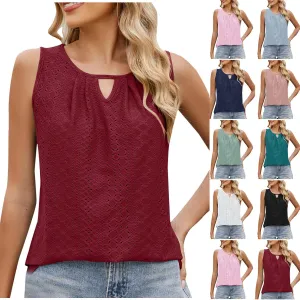 Womens Summer Casual Tank Tops Sleeveless Crew Neck Fashion Eyelet Embroidered Cami Top Trendy Solid Color Tank Shirt