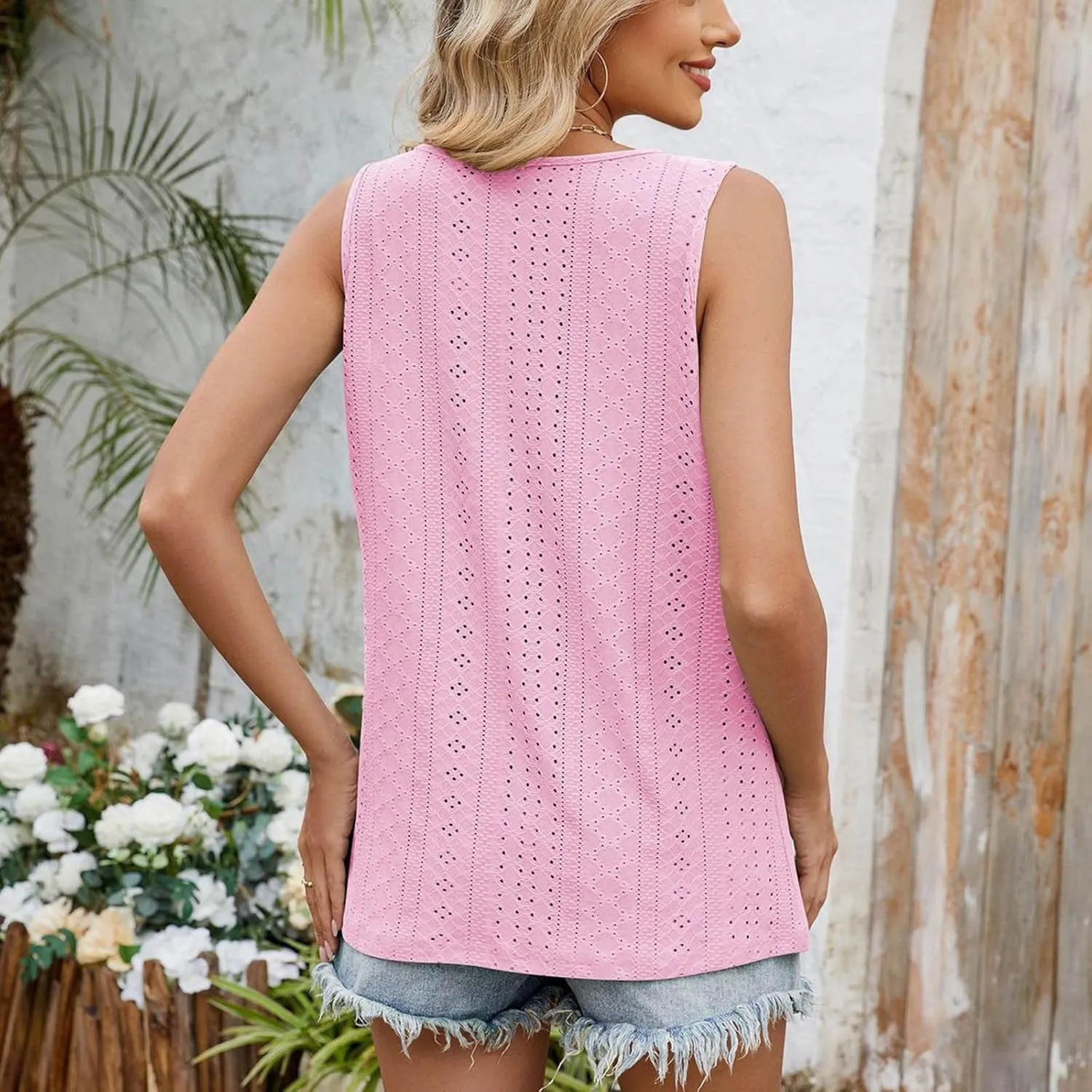 Womens Summer Casual Tank Tops Sleeveless Crew Neck Fashion Eyelet Embroidered Cami Top Trendy Solid Color Tank Shirt