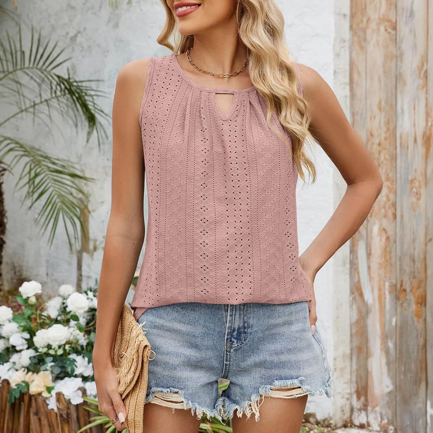 Womens Summer Casual Tank Tops Sleeveless Crew Neck Fashion Eyelet Embroidered Cami Top Trendy Solid Color Tank Shirt