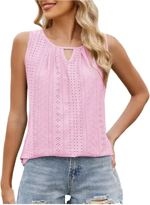 Womens Summer Casual Tank Tops Sleeveless Crew Neck Fashion Eyelet Embroidered Cami Top Trendy Solid Color Tank Shirt