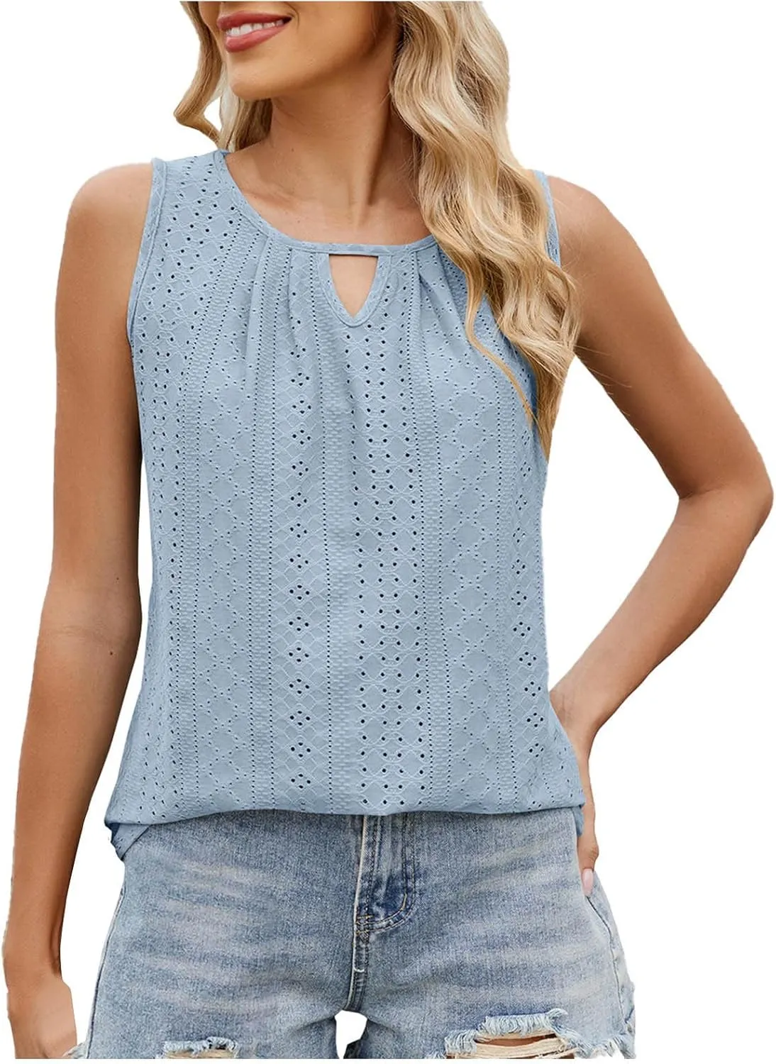 Womens Summer Casual Tank Tops Sleeveless Crew Neck Fashion Eyelet Embroidered Cami Top Trendy Solid Color Tank Shirt
