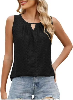Womens Summer Casual Tank Tops Sleeveless Crew Neck Fashion Eyelet Embroidered Cami Top Trendy Solid Color Tank Shirt
