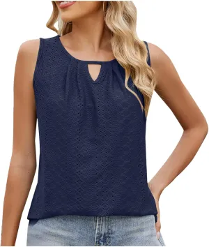 Womens Summer Casual Tank Tops Sleeveless Crew Neck Fashion Eyelet Embroidered Cami Top Trendy Solid Color Tank Shirt