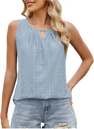 Womens Summer Casual Tank Tops Sleeveless Crew Neck Fashion Eyelet Embroidered Cami Top Trendy Solid Color Tank Shirt