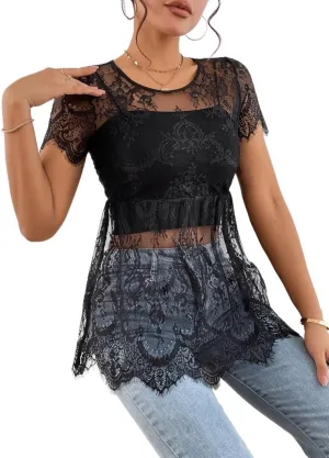 Womens Tops Floral Lace Peplum Hem Lace Blouse Without Cami Top