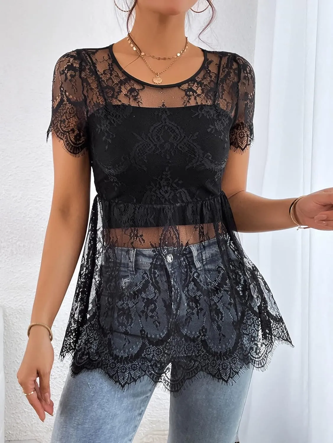 Womens Tops Floral Lace Peplum Hem Lace Blouse Without Cami Top