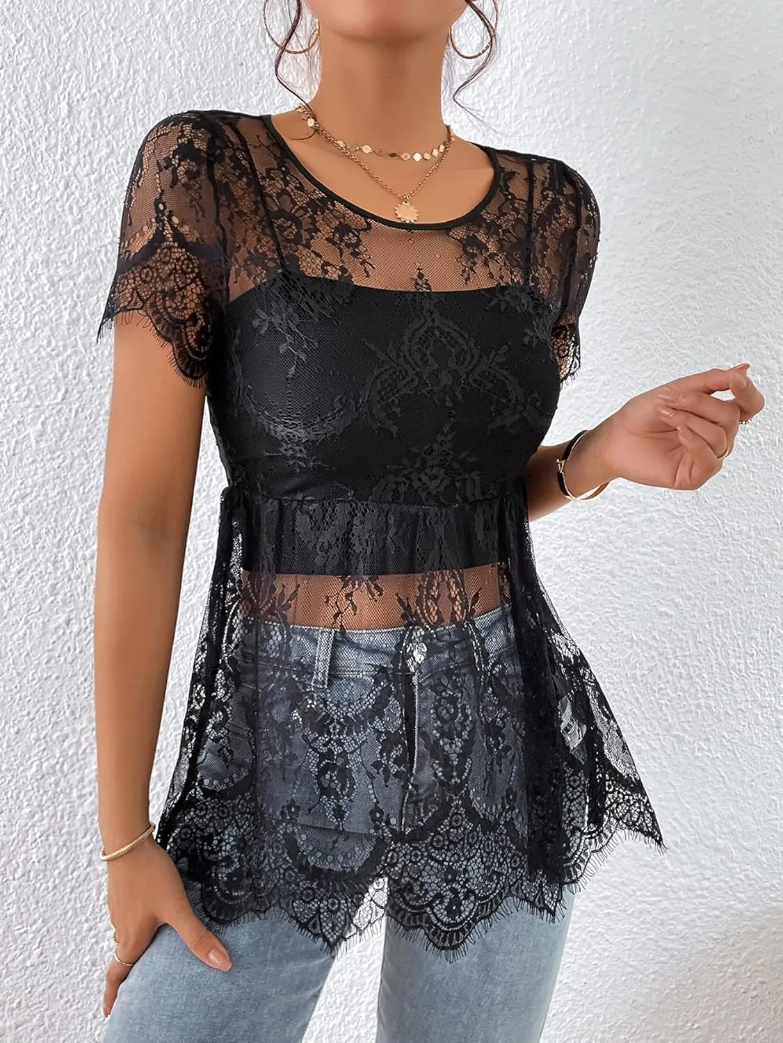 Womens Tops Floral Lace Peplum Hem Lace Blouse Without Cami Top