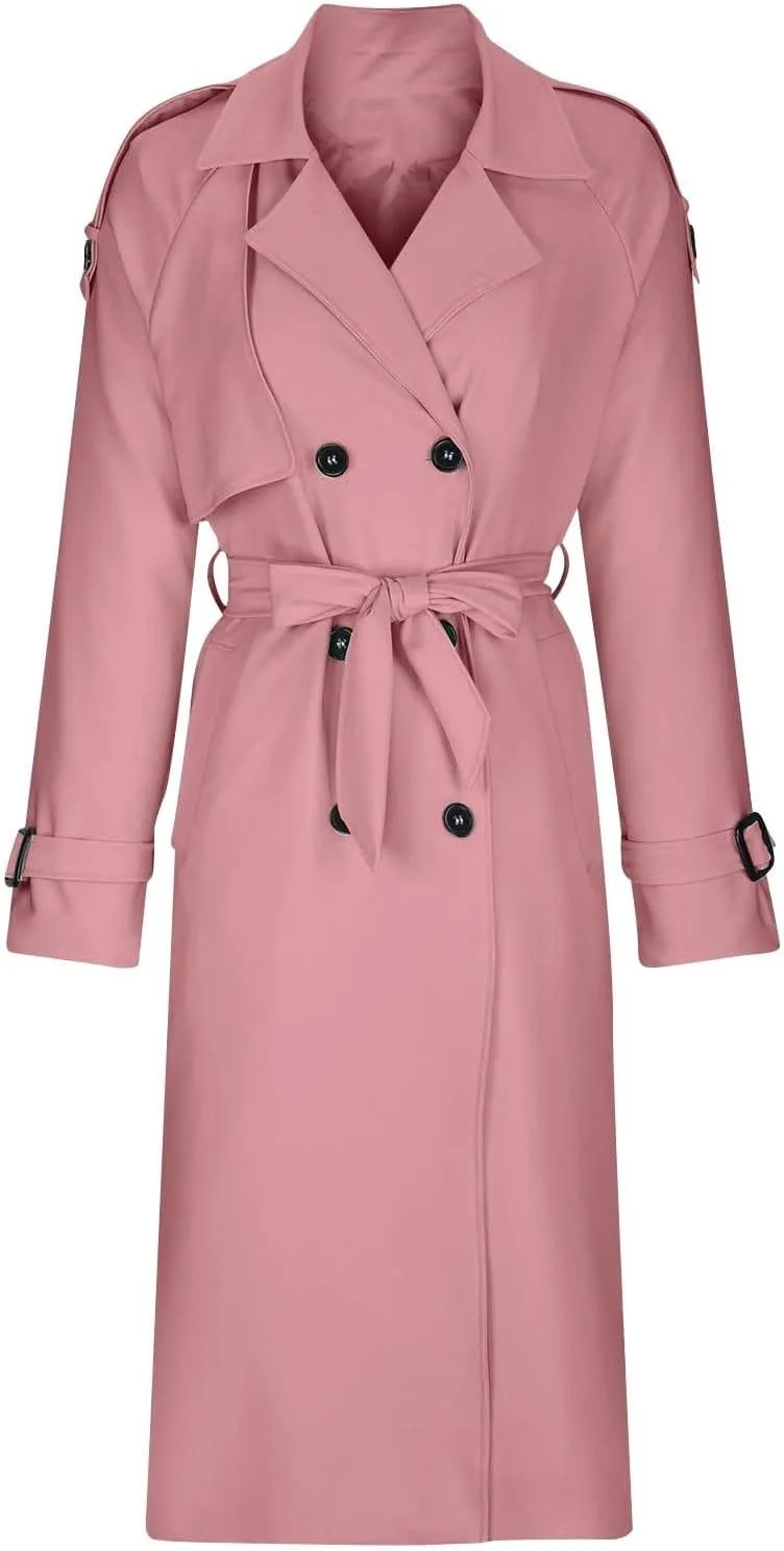 Women's Trench Coat Double Breasted Long Trench Coat Spring Fall Fashion Windproof Classic Lapel Overcoat with Belt