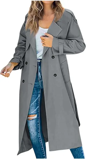 Women's Trench Coat Double Breasted Long Trench Coat Spring Fall Fashion Windproof Classic Lapel Overcoat with Belt